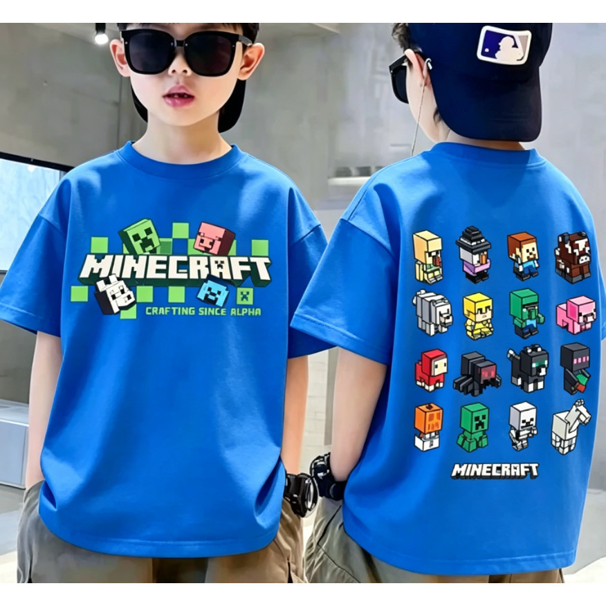 COD Minecraft Character Blocks Front Back Print Kids Boys T Shirt Blue Cotton Short Sleeve Game Tee 