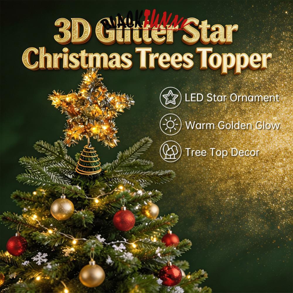 BLACKFUNNY 3D โลหะ Hollow Light Up Star ต้นคริสต์มาส Topper Creative เรืองแสง Xmas Tree Top เครื่องป