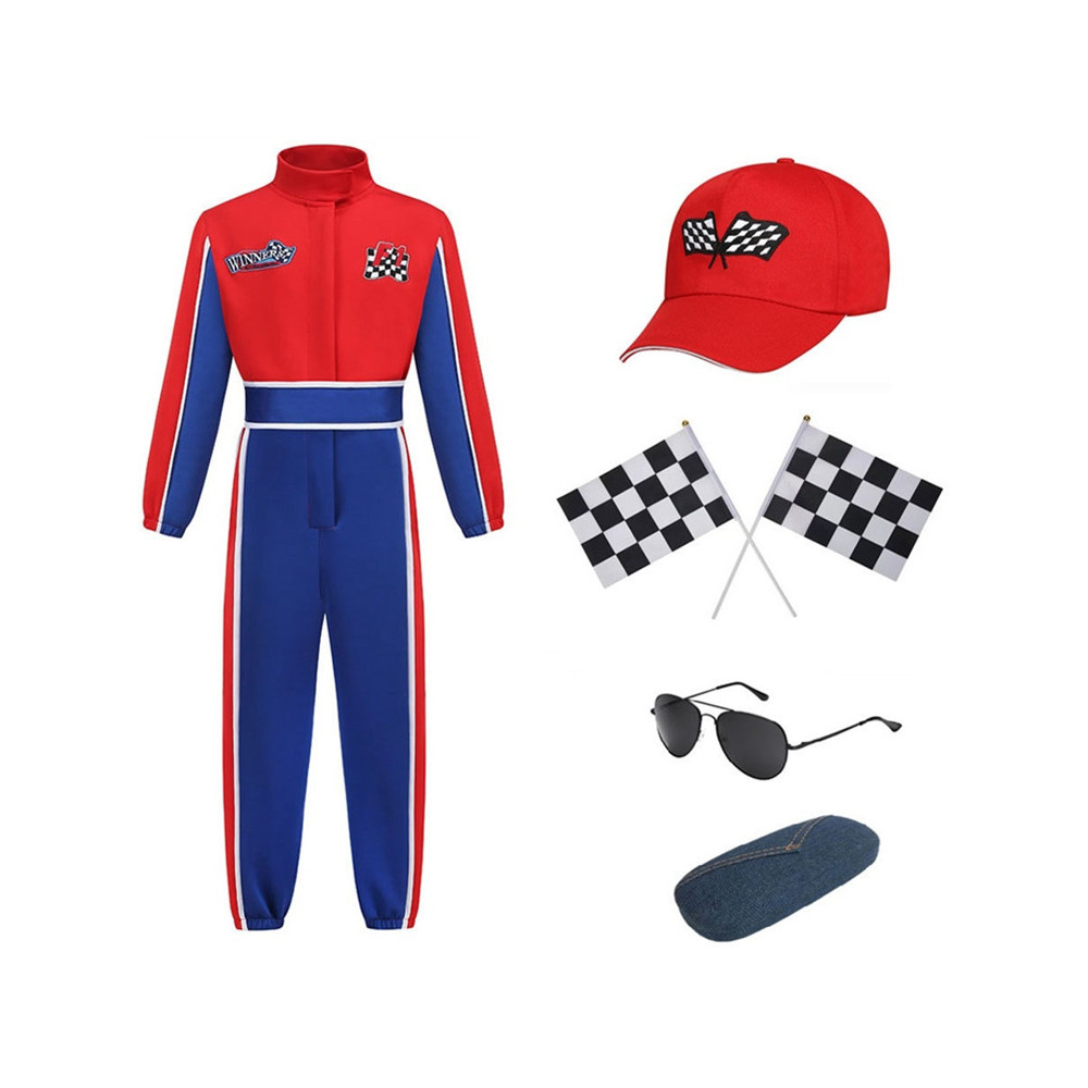 เด็กสีแดงสีฟ้า Racer ชุดฮาโลวีน Boys Racer Jumpsuit Performance Suit Racer Hooded แว่นตากันแดดธง