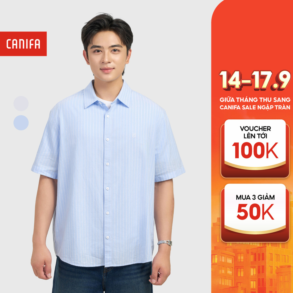 CANIFA เสื้อเชิ้ตผู้ชายแขนสั้นคอปกลายสํานักงาน 8TH26S012
