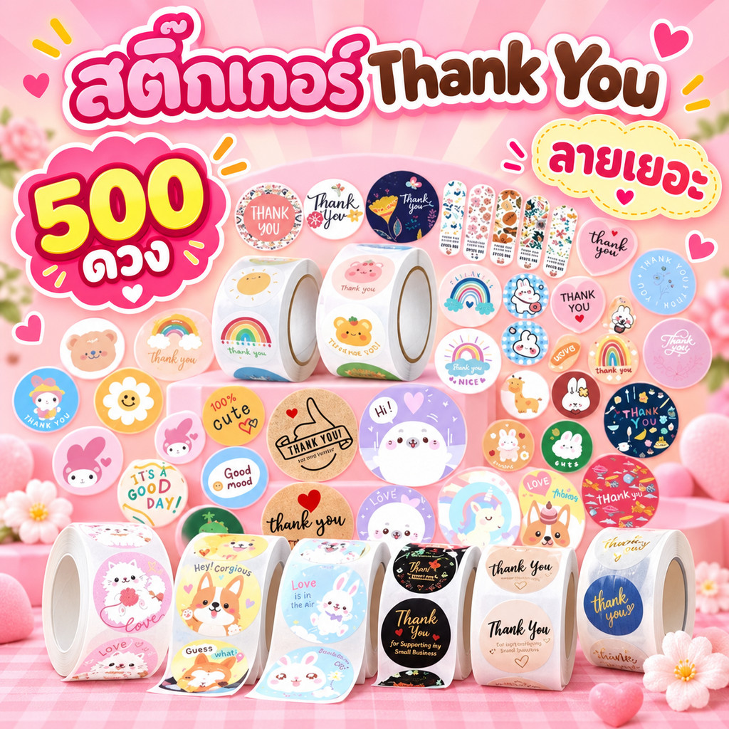 (ลายเยอะ สต้อคแน่น ราคาถูก) Sticker Thank You สติ๊กเกอร์ขอบคุณ ติดขนม ติดกล่อง ถุงขนม เพิ่มมูลค่าสินค้าและบริการ