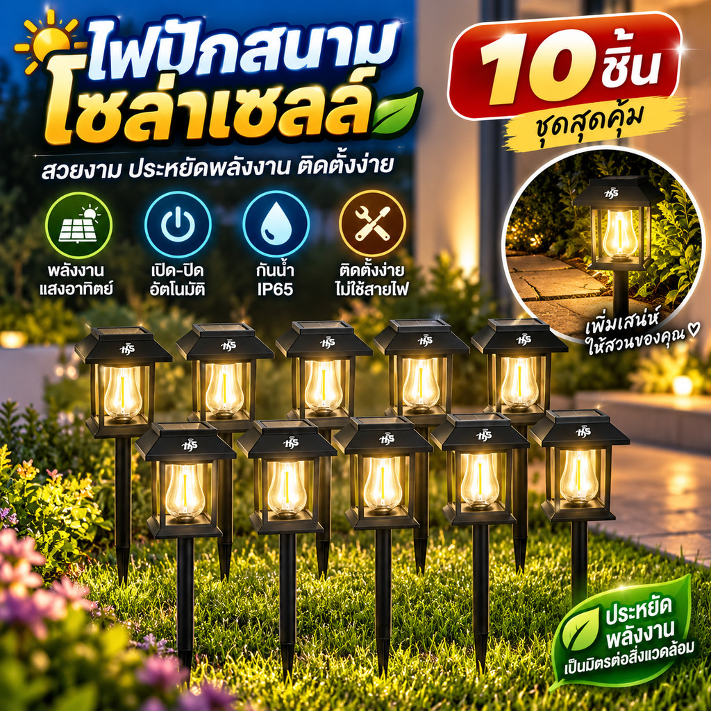 ไฟปักสนาม โซล่าเซลล์ 10 ดวง LED หลอดทังสเตน แสงวอร์มไวท์ เปิดอัตโนมัติ ตกแต่งสวน ทางเดิน กลางแจ้ง