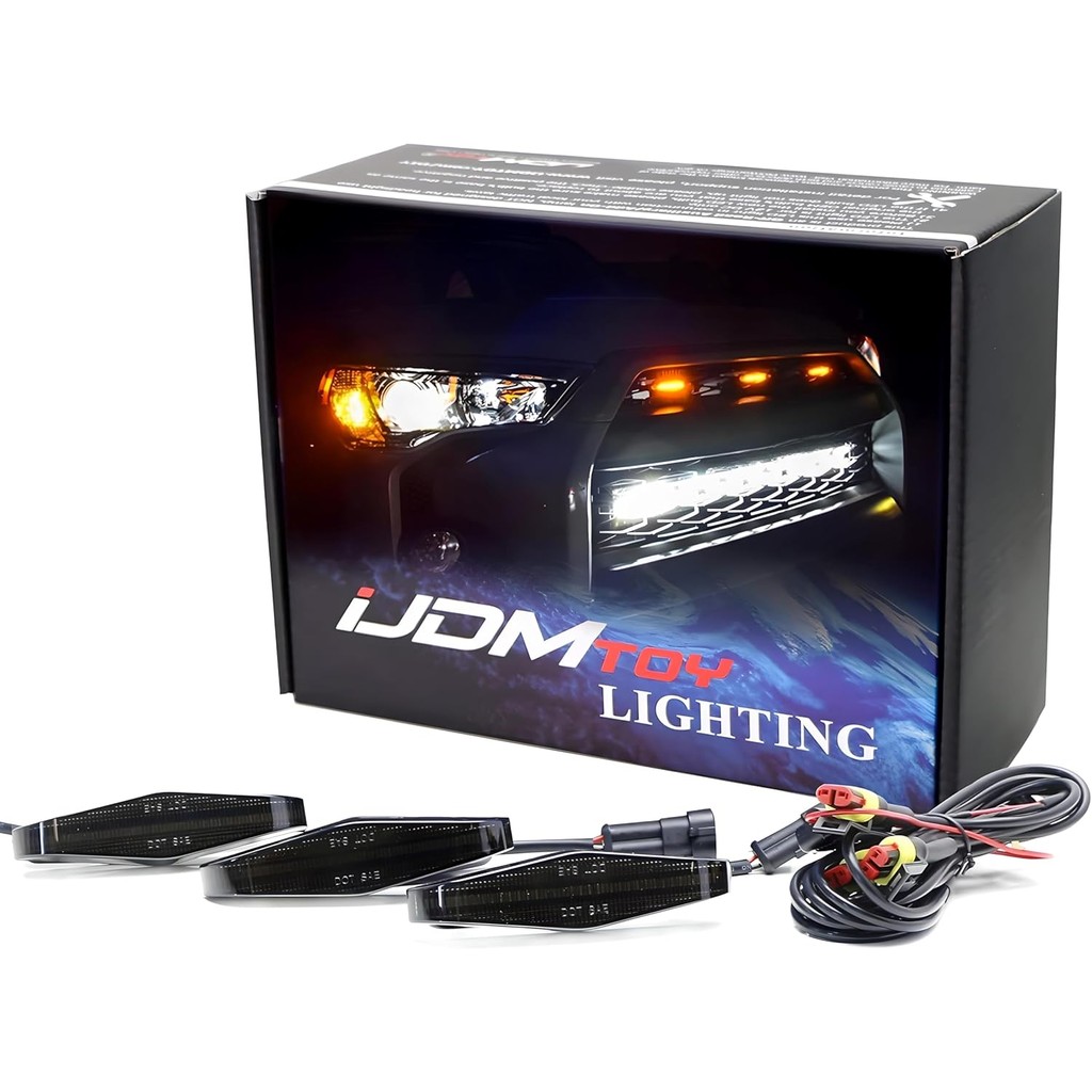 IJDMTOY 3 ชิ้นชุดเลนส์รมควันสีเข้มแถบ LED เต็มรูปแบบชุดไฟหน้ากระจังหน้าเข้ากันได้กับ 2014-up Toyota 