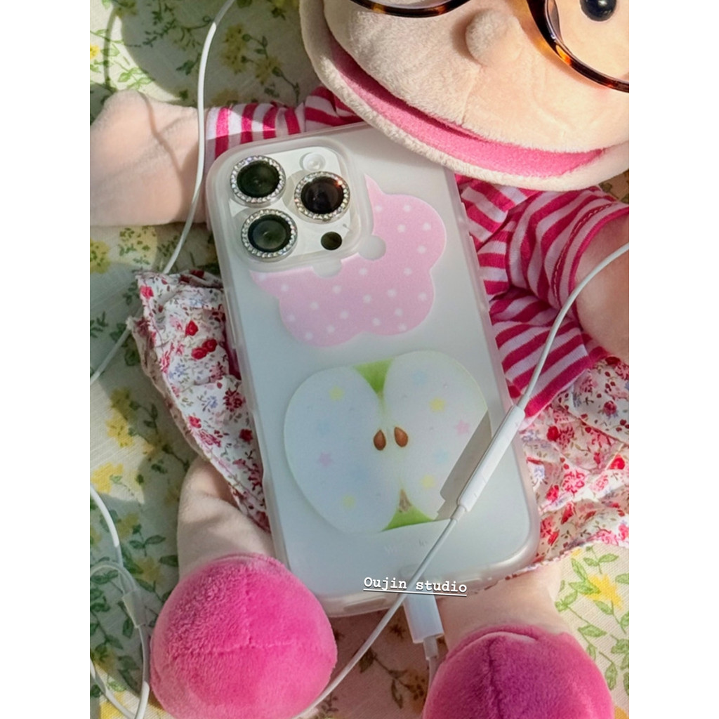 สไตล์เกาหลีสไตล์อินการออกแบบเฉพาะหวานน่ารักการ์ตูนสีชมพูลายจุดดอกไม้เคสโทรศัพท์ 17/16/15promax/14 กันกระแทกโปร่งใสสีขาว Frosted เคสป้องกัน