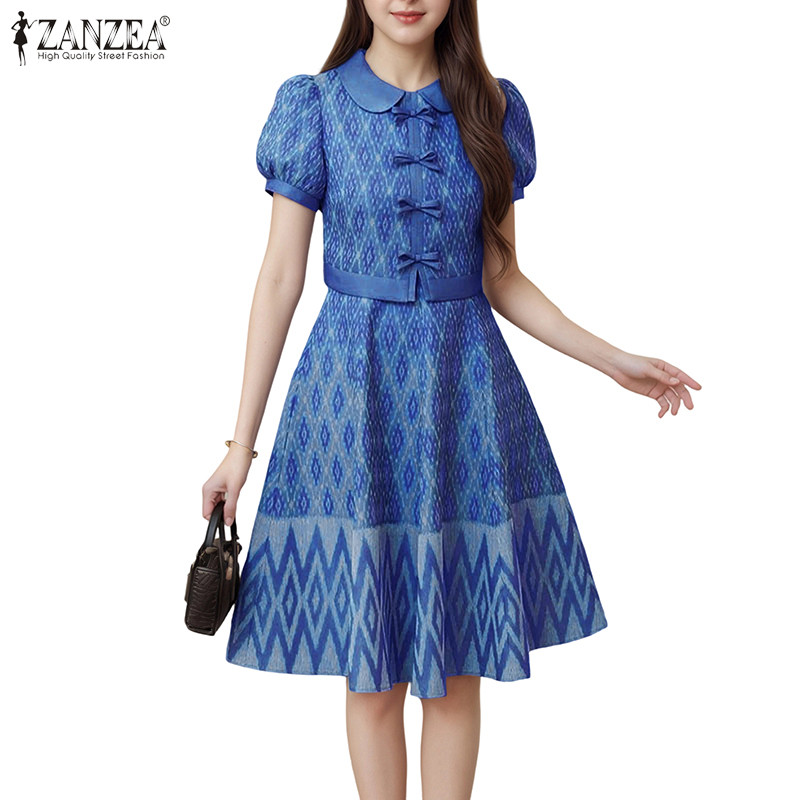 ZANZEA ผู้หญิงเกาหลีพัฟแขนเอว Patchwork ชาติพันธุ์พิมพ์ Bowknots ตกแต่งชุด