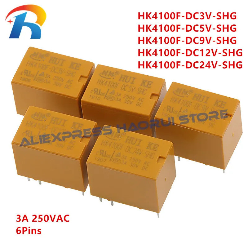 100 ชิ้น HF4100F สัญญาณรีเลย์ HK4100F-DC5V-SHG HK4100F-DC12V-SHG HK4100F-DC24V-SHG 3A 250VAC 6Pin 3V