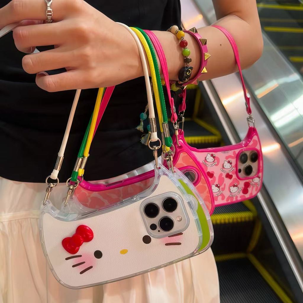 กระเป๋าถือเชือกเส้นเล็กเคสโทรศัพท์Tpu Soft Caseน่ารักHello KittyเหมาะสําหรับiPhone 11 12 13 14 Pro 15 16 Pro max 14 15 16 plus Xrผู้หญิง
