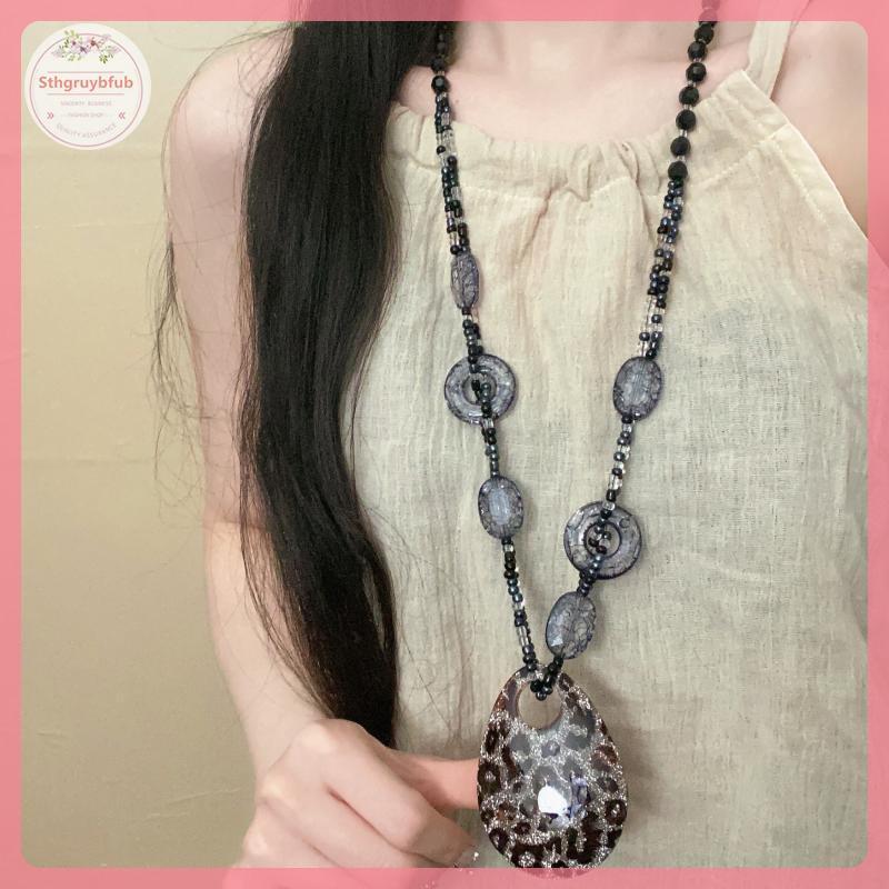 STHB ชาติพันธุ์ Sle รอบเรซิ่นเสือดาวเสื้อกันหนาวยาวสร้อยคอ Retro จี้คริสตัลหญิงเครื่องประดับคออุปกรณ