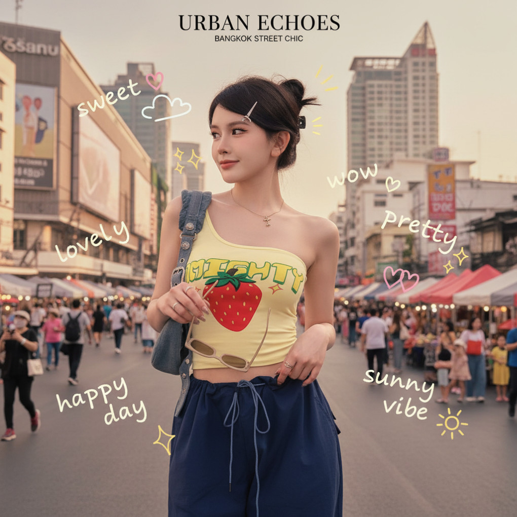 ꕥCatalog Fashionꕥ เสื้อกล้ามแฟชั่นปาดไหล่ข้างเดียว สีเหลืองลายสตรอเบอรี่ลูกใหญ่ เข้ารูป