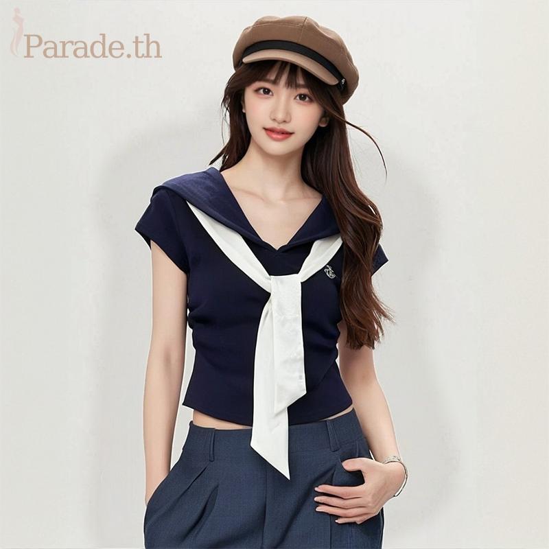 เสื้อยืดแขนสั้นผู้หญิงสไตล์วิทยาลัยเกาหลี สีเนイビーตัดกัน ฟิตบางเพอร์เฟคสำหรับฤดูร้อน