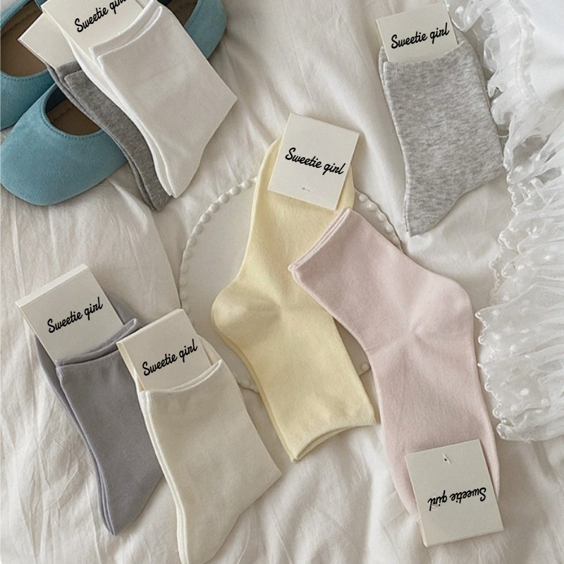 ถุงเท้ากลางหลอดสตรีสไตล์บางสีทึบ ins Simple Morandi Color Series College All-Match Cotton
