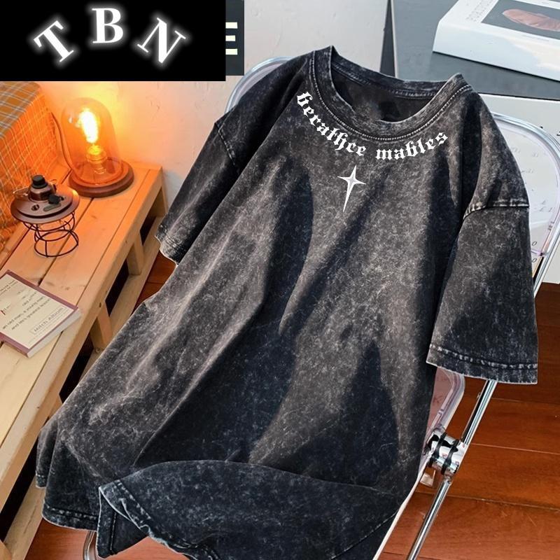 [TBN] ชายและหญิงเสื้อยืดฟอกขาวโอเวอร์ไ ซส์ผ้าคอตตอนแนวแ ฟชั่นฮิปฮอปเรโทร คอกลมทรงหลวมCOTTON100%แนวโน