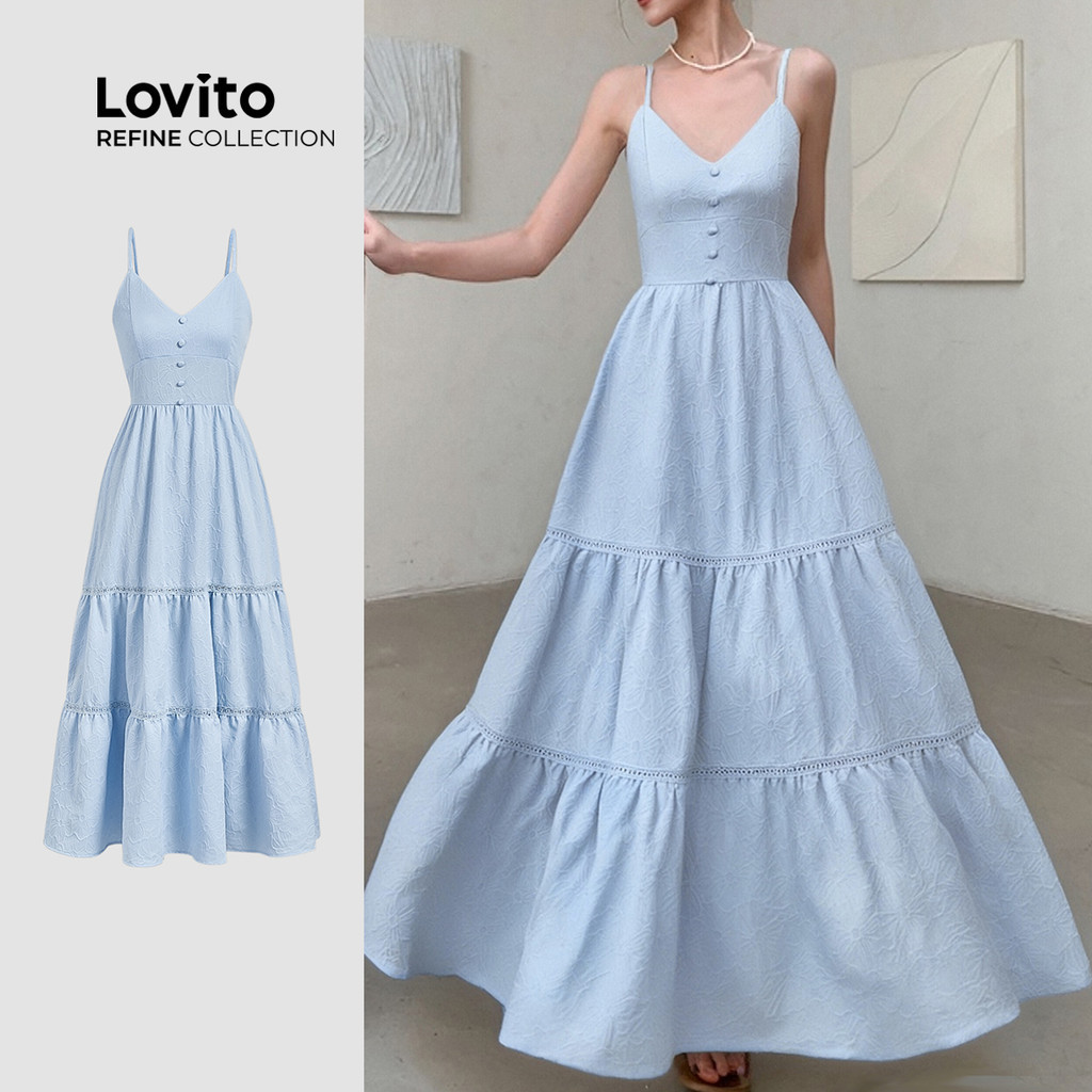 (Lovito Refine) ชุดเดรสสไตล์โบโฮ ลายดอกไม้ ลูกไม้ติดกระดุมด้านหน้า สีน้ำเงิน เดรสฤดูร้อน/ฤดูใบไม้ผลิ สำหรับผู้หญิง LR11LD018