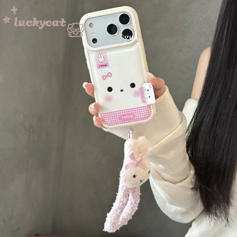 ใช้งานร่วมกับ iPhone 17 16 15 14 13 12 11 Pro Max X Xr Xs Max 7 8 Plus SE2020 เคสโทรศัพท์ Ins กระต่ายสีชมพูน่ารัก + Laanyard หนังนุ่มปกหลัง