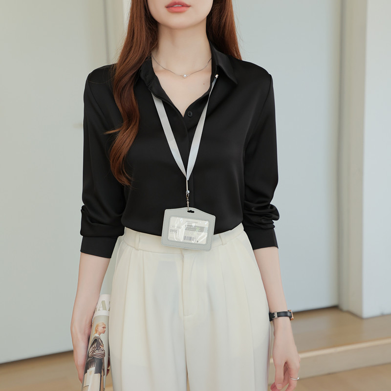 ฤดูใบไม้ร่วงใหม่สไตล์ Acetate ซาตินเสื้อ High-End All-Match Professional เสื้อ Classy เสื้อแขนยาวผู้หญิง