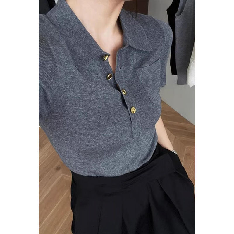 เสื้อโปโลแขนสั้นสำหรับผู้หญิง ลายภาษาฝรั่งเศส สีเทา