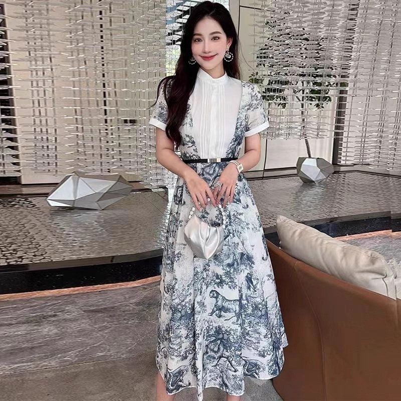 สีฟ้า วินเทจ สบายๆ ทํางาน เดรสน่ารัก ฟ้า หรู แฟชั่น มีแขน ใส่สบาย ชุดเดรส summer dress ออกงาน