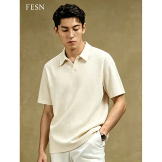 Textured Knit Polo Shirt ฤดูร้อนความรู้สึกระดับไฮเอนด์ คนพาล หล่อปกเสื้อโปโลแขนสั้นสีดําบริสุทธิ์