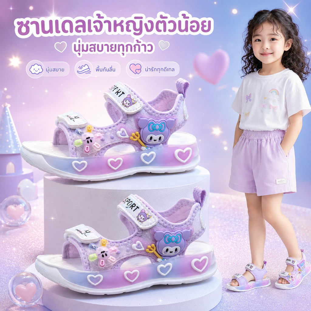 รองเท้าแตะเด็กผู้หญิงสีม่วงคิ้วท์ พื้นนุ่มกันลื่น ระบายดี ใส่วิ่งเล่น ไปโรงเรียน ไซส์26-36