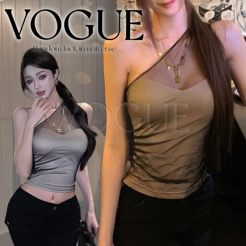 Vogue🌟พร้อมส่ง🌟 เสื้อปาดไหล่ผ้าซีทรูมีซับใน เสริมฟองน้ำสวมใส่ง่าย เข้ารูปทรงสวย (FY5185)