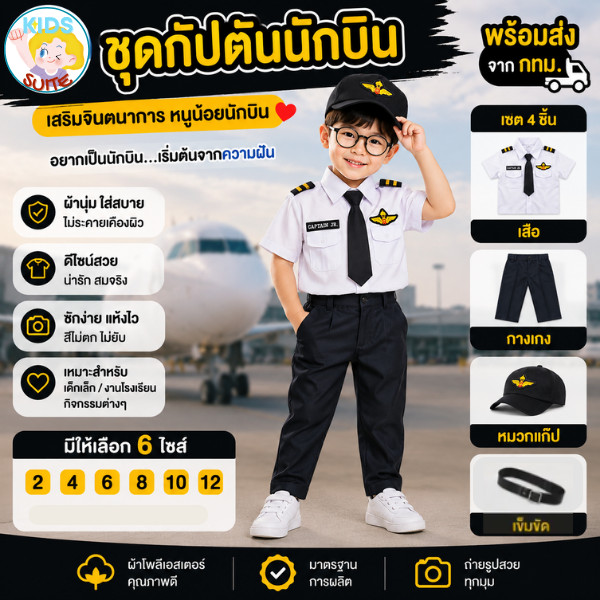 ชุดอาชีพเด็ก ชุดกัปตันชาย ชุดกัปตันเด็ก 2-9ปี ชุดกัปตัน ชุดนักบิน ชุดกัปตันสายการบิน pilot ชุดนักบินเด็ก