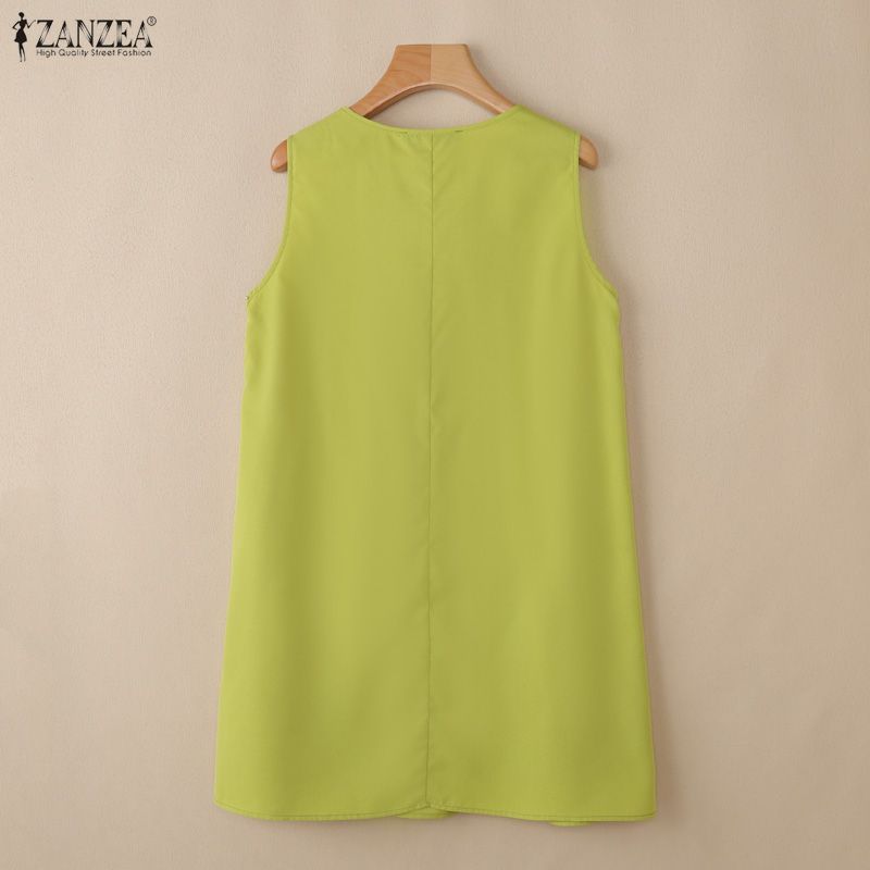 ZANZEA ผู้หญิงฤดูร้อนเกาหลีวันหยุดสบายๆลูกเรือคอแขนกุด Ruffles Splicing A-Line Tank Dresses — صورة 8