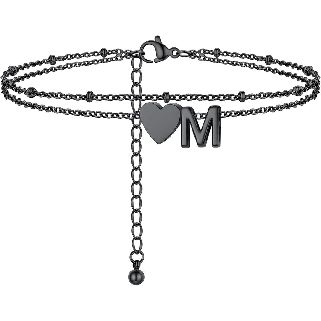 PROSTEEL Womens Heart Anklets Black Ankle Chain Cute Letter M Foot Jewelry Anklets with Initials