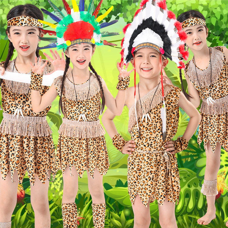 鼓儿童演出服印第安人土著人幼儿园原始人猎人野人万圣节服装Drum children’s performance costume, Indian/indigenous toddlerdf11154.th
