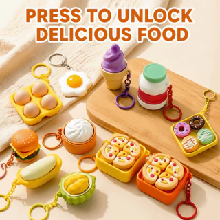 HOBBYIN Calming พวงกุญแจคีย์, ปุ่มนิ้วพิซซ่าไข่ Anti-stress ของเล่นจี้, กระเป๋าตลก Charms การ์ตูนพิมพ์อาหาร Clicker Key Chain ของขวัญการบีบอัด