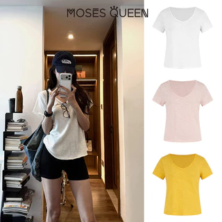 MOSESQUEEN เสื้อยืดระบายอากาศคอวีรีดขอบขี้เกียจและสะดวกสบายสําหรับผู้หญิง - เสื้อเชิ้ตแขนสั้นสีบริสุทธิ์กระชับสัดส่วน #63901