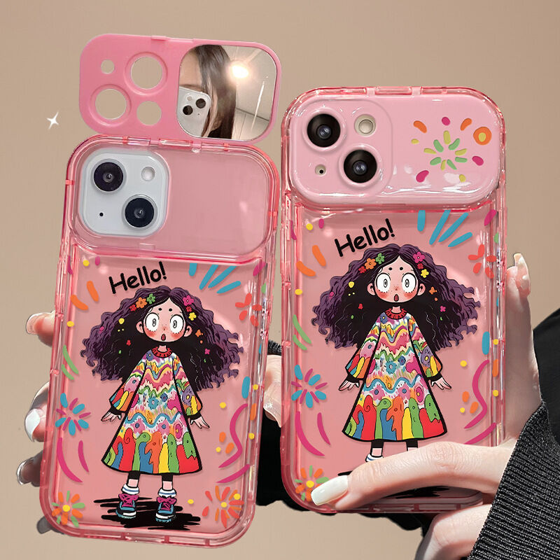 เคสโทรศัพท์กระจกพลิกออกแบบสร้างสรรค์เข้ากันได้กับ ไอโฟน 11 / 12 / 13 / 14 / 15 / 16 / 17 มือโปร สูงสุด ลายสาวน่ารักสไตล์มินิมอล