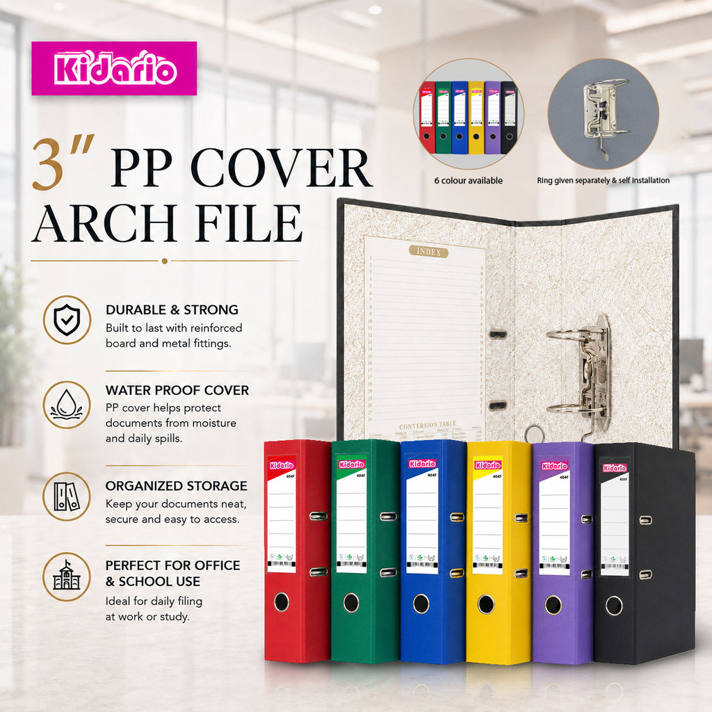 [ KIDARIO ] 3" F4 PP COVER ARCH FILE 2D RING FILE WATER PROOF COVER KAF-404F 6 สี