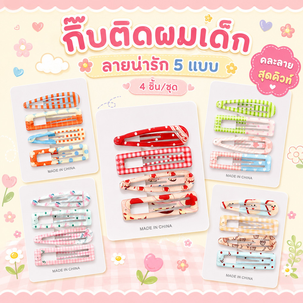 🔥จัดส่งจากกรุงเทพ🔥กิ๊บติดผมเด็ก 4 ชิ้น/เซ็ต ลายน่ารักสีพาสเทล สำหรับเด็กผู้หญิง น้ำหนักเบา ติดแน่น ใช้งานง่ายทุกวัน