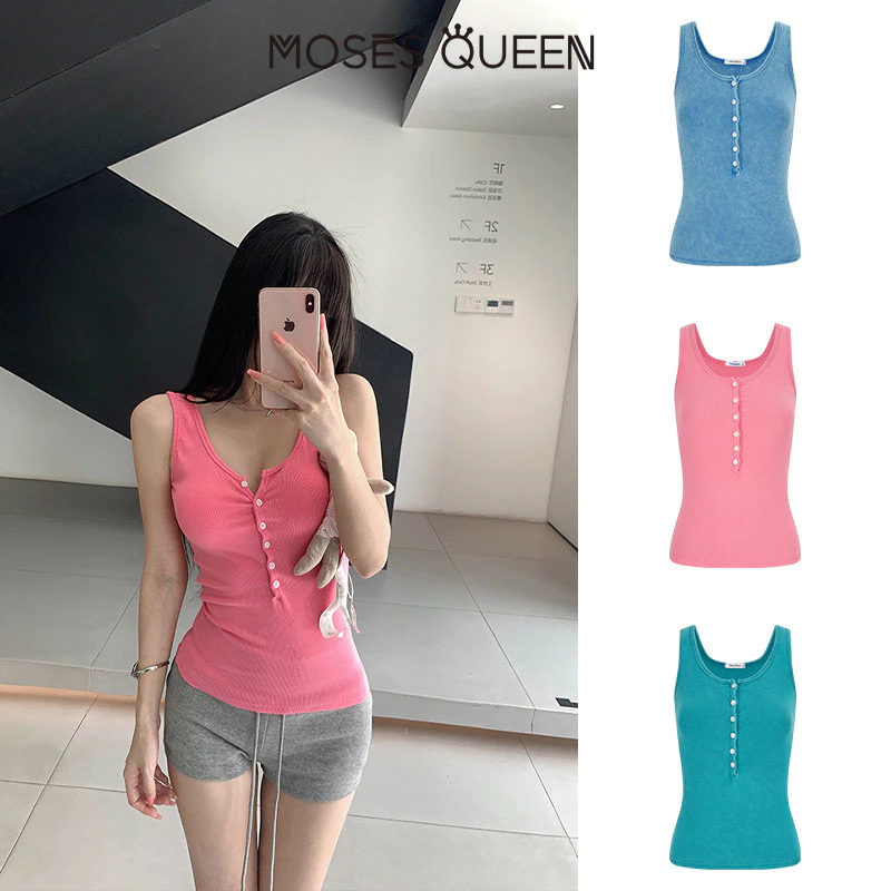 MOSESQUEEN โมเสสควีน เสื้อคล้องคอติดกระดุมทุกข์ย้อนยุคสไตล์อเมริกันสําหรับผู้หญิงใส่เป็นเสื้อตัวนอกดีไซน์คอยูไม่มีเส้น #63903