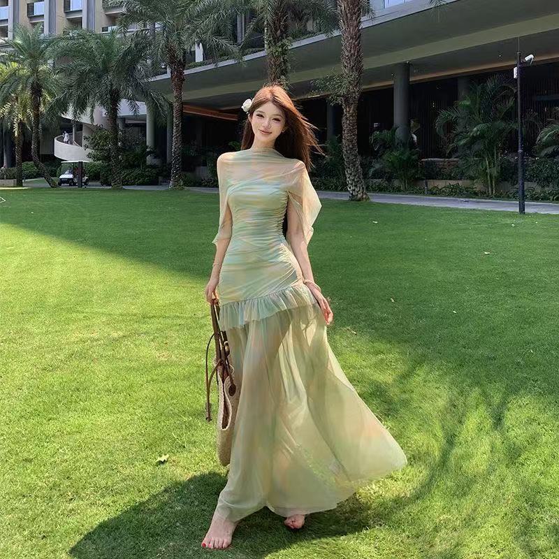 ฤดูร้อนที่สวยงามสีเขียวภาษาฝรั่งเศสคําผ้ากอซสลิงชุดผู้หญิงสไตล์ใหม่ร้อนขายระดับไฮเอนด์แคบ-เอววันหยุดกระโปรงยาว
