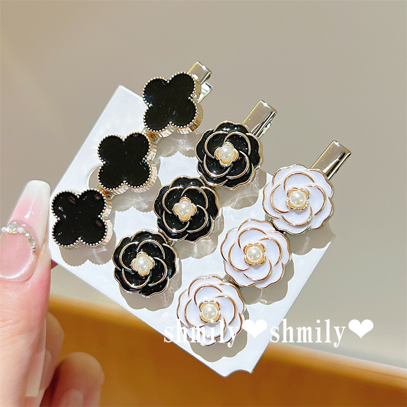 Retro French Black Camellia Pearl กิ๊บติดผมอารมณ์ด้านข้าง Slotted คลิปผมหัก Bangs Duckbill คลิป