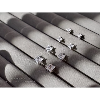 ต่างหูเพชร เงินแท้ 925 ชุบเคลือบทองคำขาว ประดับเพชร Square CZ Swiss Diamond - Allure Jewelry