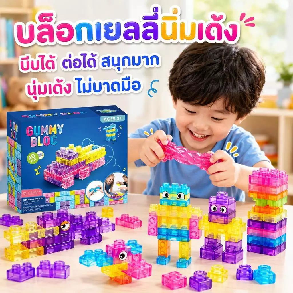 💸ตัวต่อเด็ก40PCS เจลลี่ตัวต่อ วัสดุซิลิโคนอ่อน ซิลิโคนโปร่งใส ของเล่นเสริมทักษะ ซิลิโคนคลายเครียด