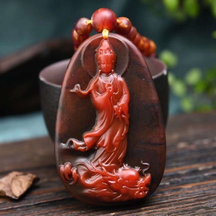 Amber "สีเทา Amber" Yulong Guanyin จี้!พร้อมโซ่ลูกปัดทรงกลมขนาด 7 มม. กลิ่นหอมติดทนนาน