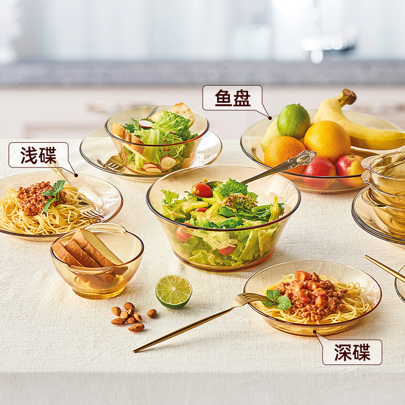 อเมริกัน pyrex Corning บนโต๊ะอาหารในครัวเรือนแก้วทนความร้อนบนโต๊ะอาหารชามแก้วใส Amber จานชามจาน JHDI