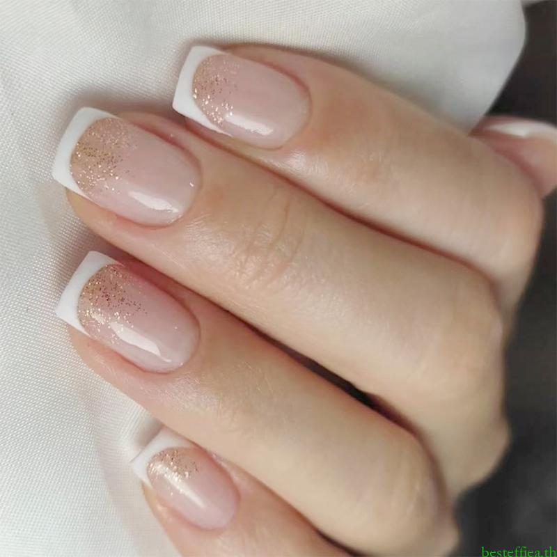Beste กดบนเล็บ French Tip Nail Square Nail เคล็ดลับเล็บปลอมคลุมทั้งหมดเล็บปลอมพร้อมการออกแบบอะคริลิค