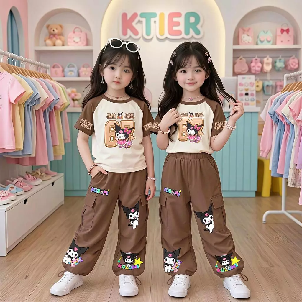 ชุดเซ็ทเด็ก2ชิ้นลาย 67 เสื้อยืดลายการ์ตูน+กางเกงคาร์โก้ สไตล์เกาหลี 9471