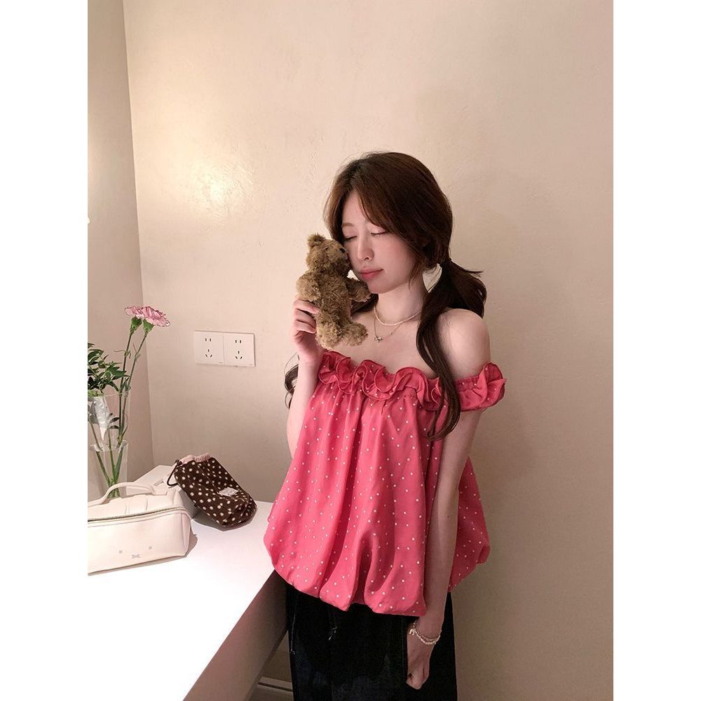 Lu สไตล์ใหม่ฤดูร้อนเนื้อ t ดอกไม้ Bud Posher One-word Design Top เสื้อผู้หญิงหลวมโรแมนติกไหล่สาวแขนก