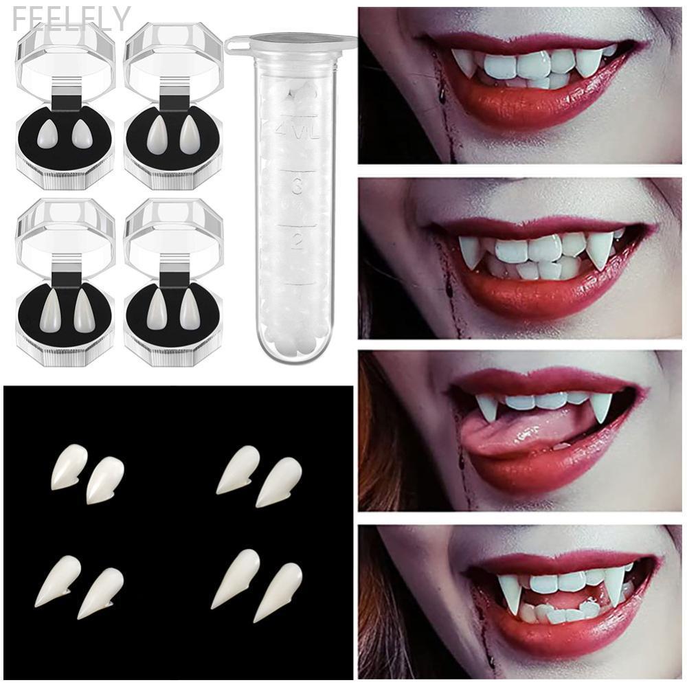 FEELFLY 1 คู่แวมไพร์ฟัน Zombie Fangs DIY คอสเพลย์ Props DIY Solid ฟันปลอมกาวกาวปลอมฟันเรซิ่น Fangs ส