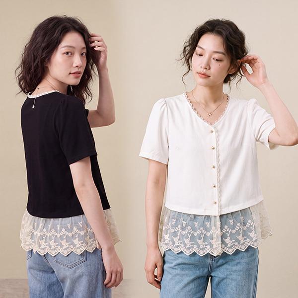 mimi&didi-เสื้อเชิ้ตคอวีแต่งลูกไม้ สำหรับผู้หญิงไซส์ใหญ่ เสื้อแขนสั้นที่ดูหรูหราและสง่างาม เหมาะสำหรับฤดูร้อน#W754