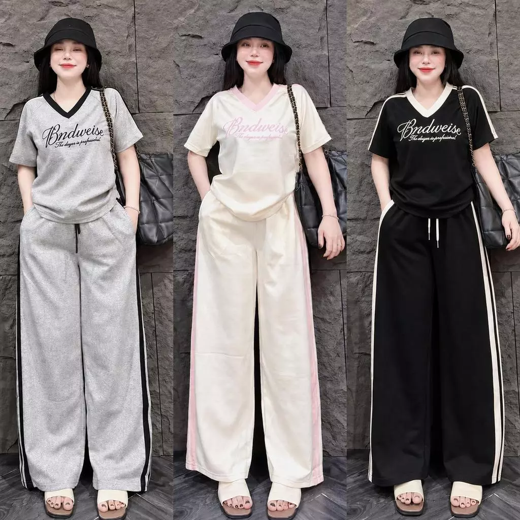 ชุดเซ็ต 2 ชิ้น เสื้อคอวี+กางเกงยาวทรงกระบอก สกรีนลายตัวอักษร **ผ้าวูลเวฟ** S333 กางเกงมีกระเป๋าข้าง มีเชือกรูด เอวยางยืด
