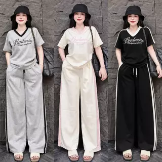 ชุดเซ็ต 2 ชิ้น เสื้อคอวี+กางเกงยาวทรงกระบอก สกรีนลายตัวอักษร **ผ้าวูลเวฟ** S333 กางเกงมีกระเป๋าข้าง มีเชือกรูด เอวยางยืด