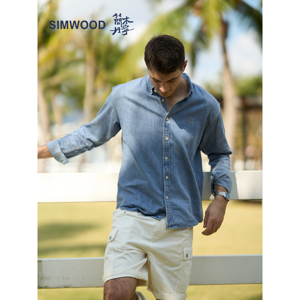 SIMWOOD/Jane Wood Denim [Loose] 7.7 OZ Cotton Linen Blend Wood Denim เสื้อเชิ้ตแขนยาว