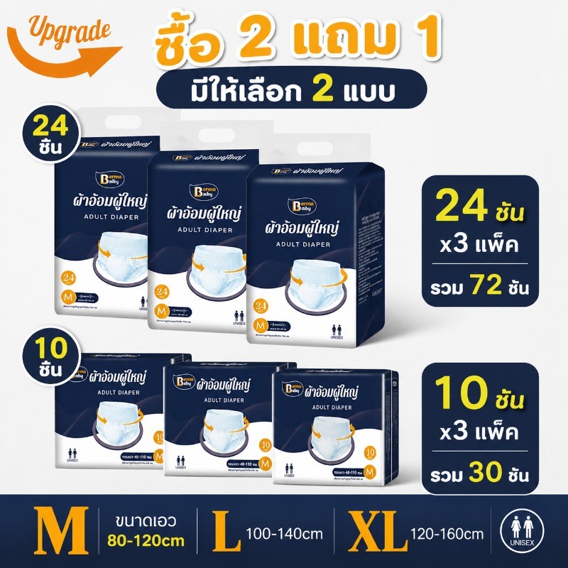 COD Berma Baby กางเกงผ้าอ้อมผู้ใหญ่ แห้งเร็ว ใส่สบาย ป้องกันรั่ว เปลี่ยนง่าย ขนาด M L XL 72 ชิ้น 30 ชิ้น
