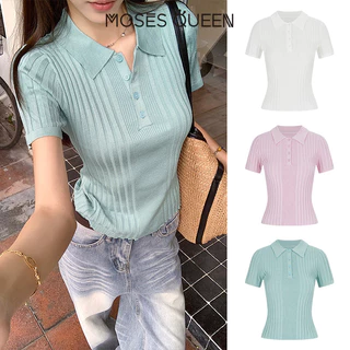 MOSESQUEEN เสื้อถักนิตติ้งสีน้ําเงินอย่างมากของผู้หญิงสําหรับฤดูร้อนน้ําหนักเบาเสื้อโปโลสไตล์วัยรุ่นแขนสั้น #69076